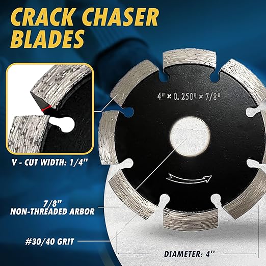 4" Diamond Crack Chaser Blades for Routing and Repairing Cracks in Concrete and Asphalt - 1/4" Width with a 7/8" Non-Threaded Arbor