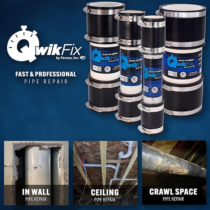 Fernco QwikFix Broken Pipe 4" Coupling Repair Kit for Plastic, Cast Iron and Steel Pipes in Black