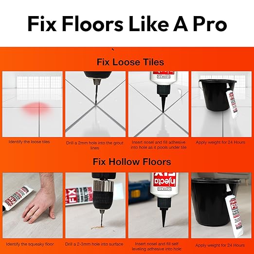 Floor-Fix Pro Easy Squeeze - Extra Strength Adhesive - Fix Loose & Hollow Tiles, Squeaky Wood & Laminate - Includes Built in 5/64” Syringe Tip - No Sealant Gun Required (10.1 Fl Oz)