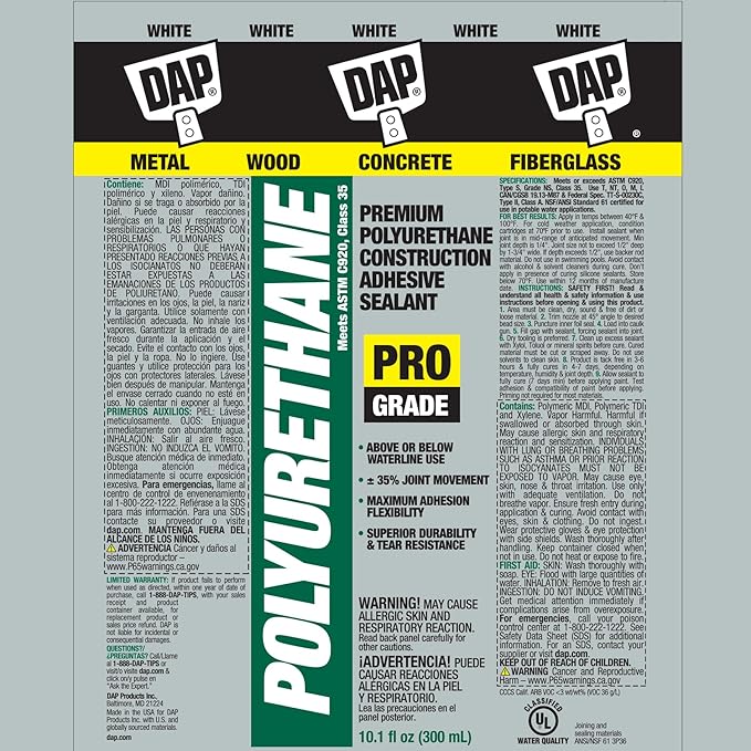 DAP Polyurethane Premium Construction Adhesive Sealant, White, 10.1 Oz (7079818810)