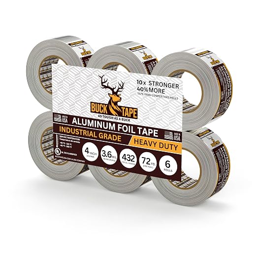 6 Pack Buck Aluminum Foil Tape – 4 Inch x 216ft (72 yd), 3.6 Mil – HVAC Tape for Ductwork, AC, Dryer Vents & Insulation – Silver Foil Tape for Metal Repair, Exhaust Sealing & Air Conditioning