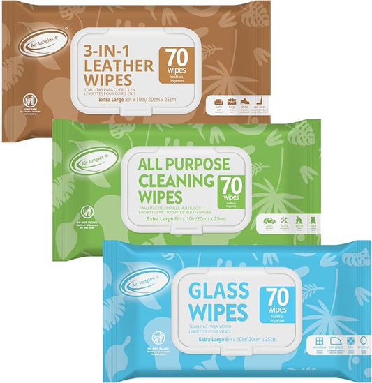 Air Jungles Car Interior Cleaning Wipes Set 210 Count, XL 8" x 10" | Multi-Purpose Wipes For Car Leather Seat, Windshield Window Mirror Cleaning, Steering Wheel & Vinyl Cleaning