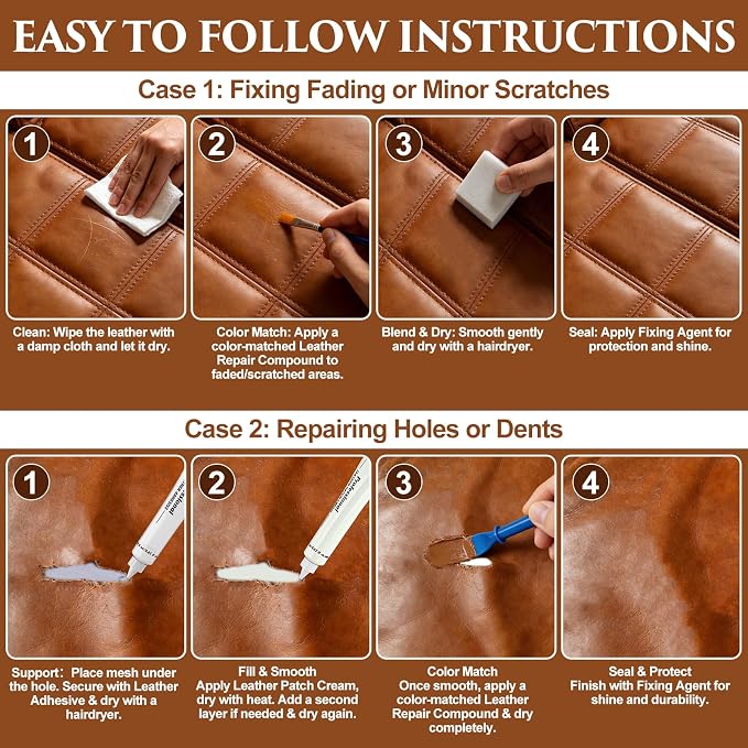 Leather Repair Kit for Furniture, Vinyl Repair Kit with Super Easy Instructions to Match Any Brown Color, Restore Any Glossy Leather Surface, Car Seats, Sofa, Jacket, and Purse