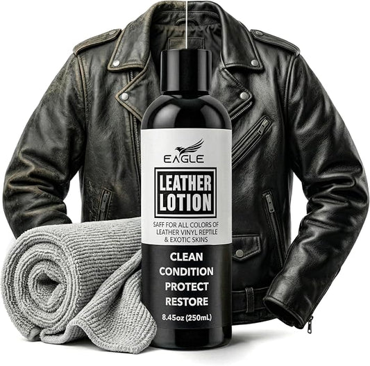 Eagle Leather Jacket Conditioner- Leather Lotion with Cloth for Boots, Jackets, Purses, Handbags & Bags – Lanolin & Natural Oils to Clean, Condition, Restore & Protect All Leather Colors