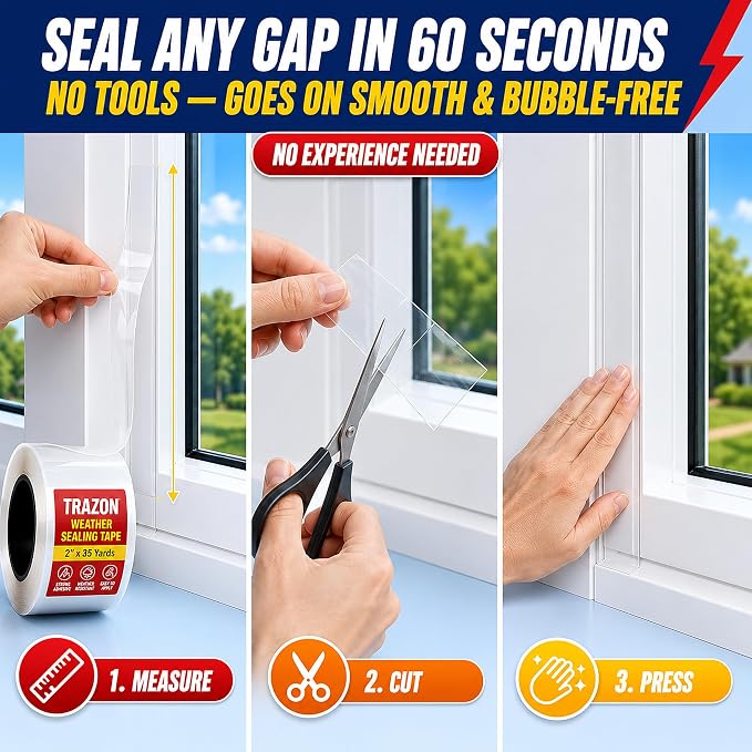 Window Weather Sealing Tape, 2" x 35 Yards Ultra-Clear Insulation Tape - Residue-Free Weather Stripping for Windows, Doors & AC Units, Blocks Drafts, Waterproof & Windproof, All-Season