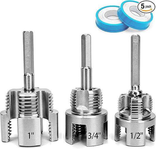 3PCS Integrated Internal & External Pipe Threader Tool for Electric Drill, NPT Thread Maker 1/2", 3/4", 1" with 2 Rolls PTFE Tape, PVC Plastic Pipe Threading Kit for Plumbing and Home Repairs