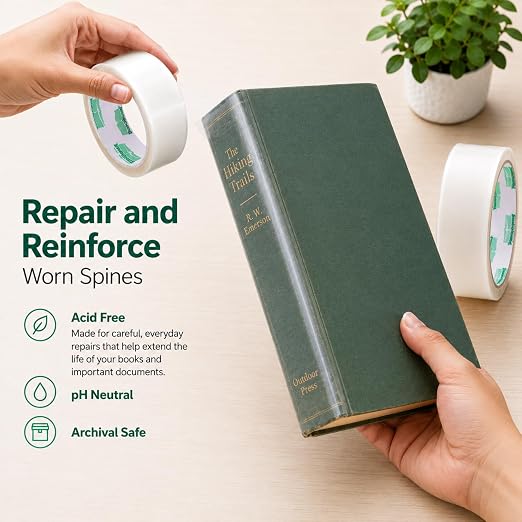 BookGuard Book Tape, Clear Book Repair Tape, 1.5 in x 15 yd, Transparent Book Binding Tape for Spines, Covers, Hinges, Pages, Library and School Book Repair Supplies, Acid Free Archival Safe Poly Tape