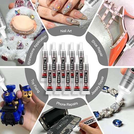B7000 Bedazzling Glue (10 Pack, 15ml), Clear Rhinestone Jewelry Adhesive with Precision Tip for Crafts, Fabric, Clogs & Nail Art