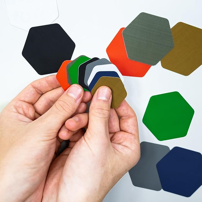 GEAR AID Tenacious Tape Hex – 2.5” & 1.5” Repair Patches (8 Patches: Four 2.5” & Four 1.5”, OD Green) – Peel-and-Stick Outdoor Nylon Fabric to Fix Holes and Burns in Down Jackets, Rain Gear and Tents