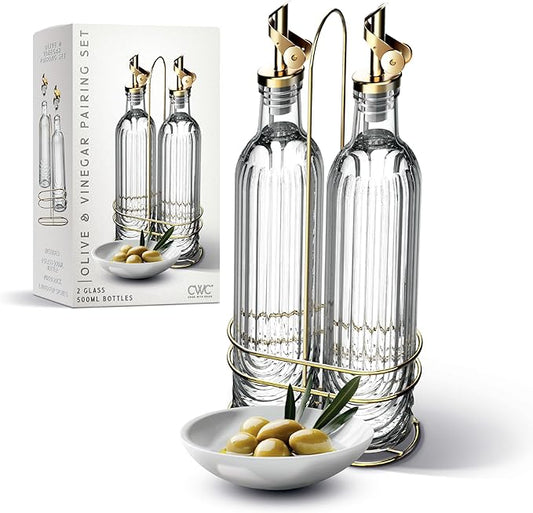 COOK WITH COLOR Glass Olive Oil Bottle Dispenser - 2 Pack- 17oz Oil and Vinegar Cruet - Olive Oil Carafe Decanter for Kitchen, Elegant Fluted, Clear
