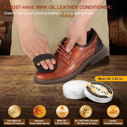 4-in-1Mink Oil Leather Conditioner and Cleaner, 3.52 oz Premium Waterproof Paste for Boots and Shoes, Leather Care Kit With Horsehair Brush, Sponge & Microfiber Cloth, Restore for Jackets Saddles Bags
