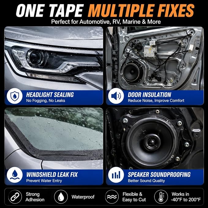 Butyl Sealant Tape for Car, 4M/5M Windscreen & Headlight Seal Strip, Waterproof Automotive Adhesive for RV Boat Truck, No Heat Required, Easy Cut & Strong Adhesion