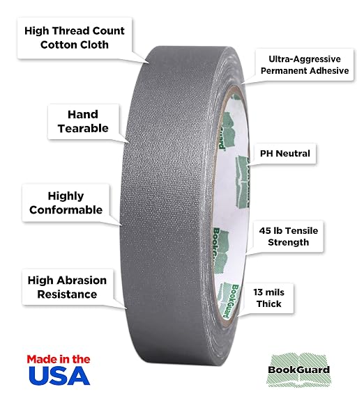 BookGuard 1 Inch Premium Bookbinding Repair Cloth Tape, 15 Yard Roll, Gray