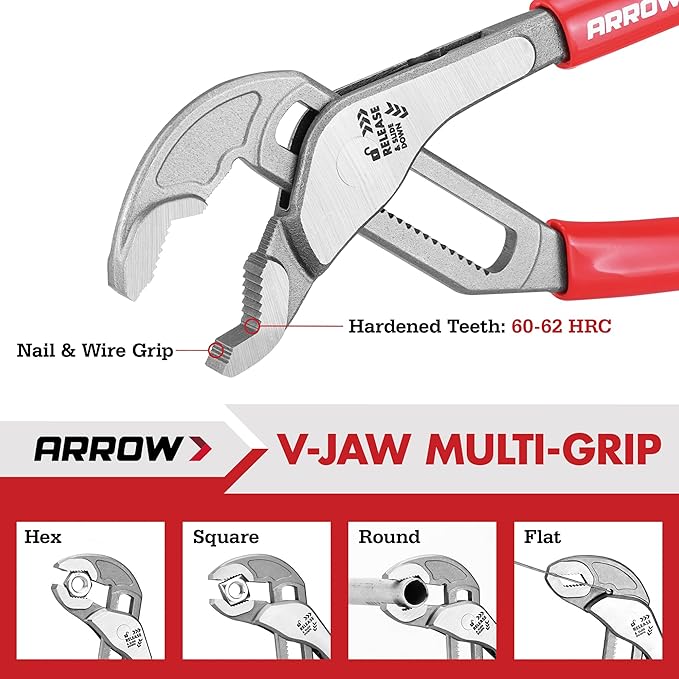 Arrow 3-Piece V-Jaw Groove Joint Pliers Set (8", 10", 12"), Quick Adjustable Water Pump Pliers with 18 Positions, CR-V Steel, for Plumbing, Automotive, Mechanical Repair and Household Use