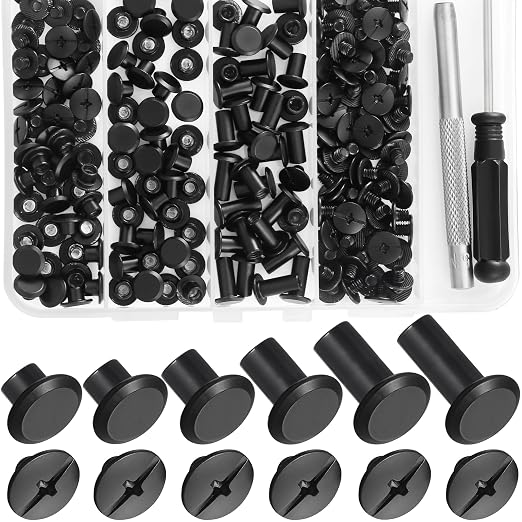 YORANYO 100Sets Black Chicago Screws Leather Rivets Kit for Fabric Leather Crafting Assorted 6 Sizes Chicago Binding Screws for Decorate and Repair Belt Bag Shoes Purse Pet Collar Clothing Bookbinding