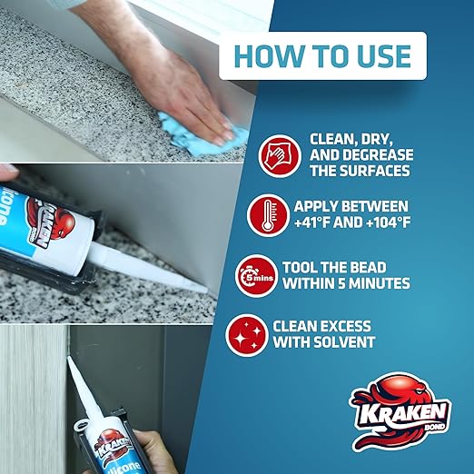 Kraken Bond Black Silicone Sealant Waterproof% 100-10 fl oz Cartridge, RTV Silicone Caulk Kitchen and Bathroom, All Purpose, Window Caulking Sealant Outdoor, RV, Exterior Use Silicon - 12 Pack