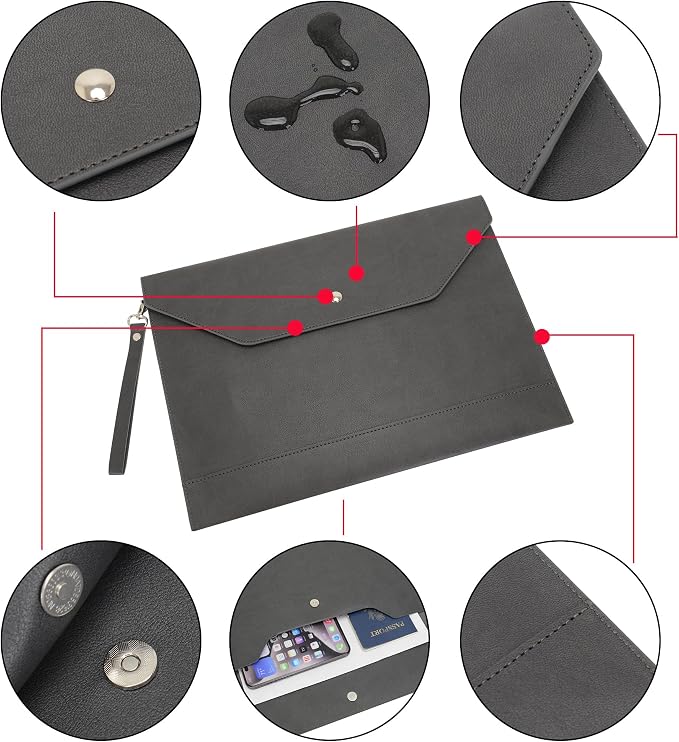 Wonderpool Envelope Case A4 PU Leather File Jacket Pocket Folder Document Case Bag with Removable Hand Strap and 4 Pocket for Documents Tablet Phone Stationery (Dark Gray)