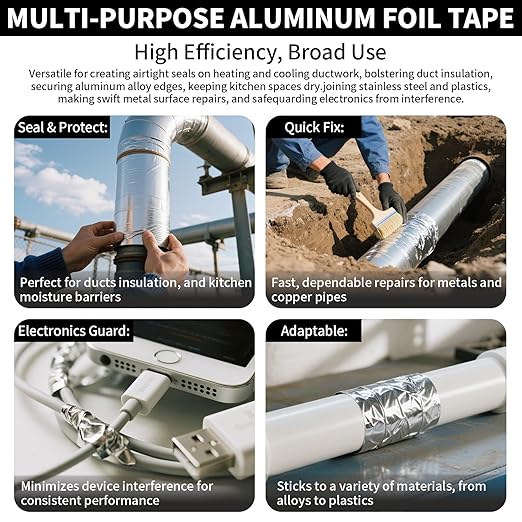 Aluminum Foil Tape Heavy Duty 2 Inch x 22 Yards（3.9 mil）, High Temp Waterproof HVAC Tape, Silver Insulation Adhesive for Ductwork, Sealing, Dryer Vent, Furnace, AC, Pipe Repair