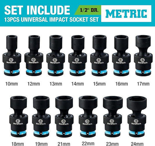 DURATECH 1/2" Drive Impact Swivel Socket Set, 13-Piece Shallow Wobble Sockets, Universal Joint Socket Set Metric, Cr-Mo Steel, 6 Point, Organized in Sturdy Storage Case(10-24mm)