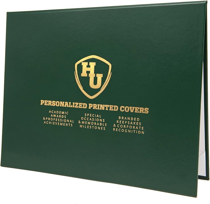 Faux Leather Document Cover with Custom Metallic Foil Printing, Tent-Style Opening, Non-Padded Hardback, Professional Presentation for Awards, Diplomas, Certificates (Green, 11x14 Large Size)