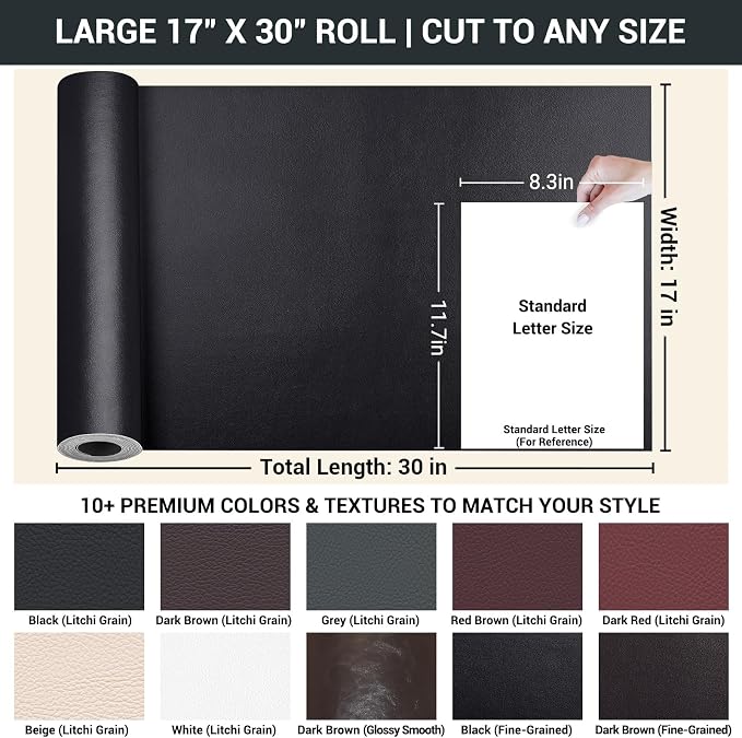Self Adhesive Leather Repair Patch, Leather Patches for Furniture, Leather Repair Tape for Couch Sofa Car Seat Chair Furniture Repair, Leather Repair Kit (Dark Brown-Fine Grain, 17X30 Inch)