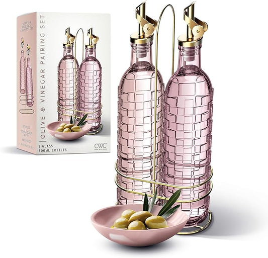 COOK WITH COLOR Glass Olive Oil Bottle Dispenser - 2 Pack- 17oz Oil and Vinegar Cruet - Olive Oil Carafe Decanter for Kitchen, Checkered, Pink