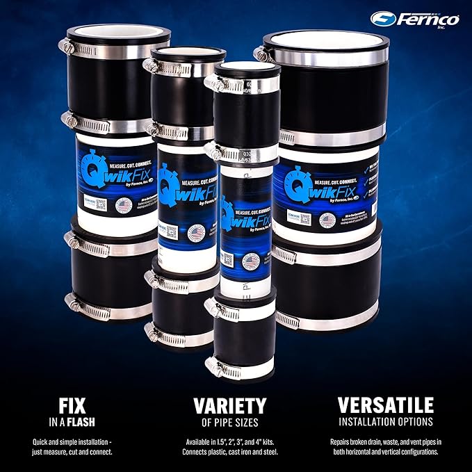 Fernco QwikFix Broken Pipe 2" Coupling Repair Kit for Plastic, Cast Iron and Steel Pipes in Black