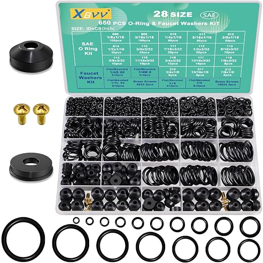 XBVV 28 Size 650 Pcs Faucet Rubber Washers Kit and SAE O Ring Assortment Set for Assorted Plumbing Faucet Sealing Repair
