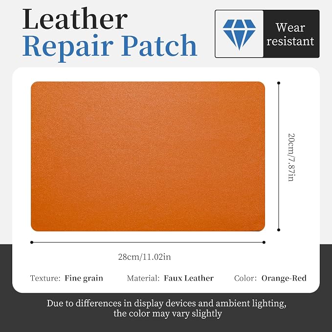 Fadoub Leather Repair Patch Tape Self-Adhesive, 8x11In Heavy Duty Vinyl Patch, Leather Repair Kit for Furniture, Sofa, Couch, Office Chair, Car Seat, Car Interior(Orange Red-Fine Grain)