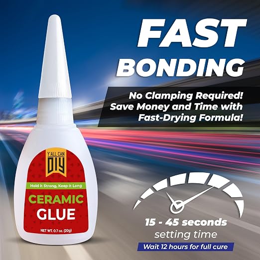 Y'allCanDiy Waterproof Super Glue for Ceramic 144 Pk x .7 Oz. (20g) - Ceramic Glue Repair for Pottery, No Smell After Cure. Best Cyanoacrylate Based Adhesive for China and Porcelain