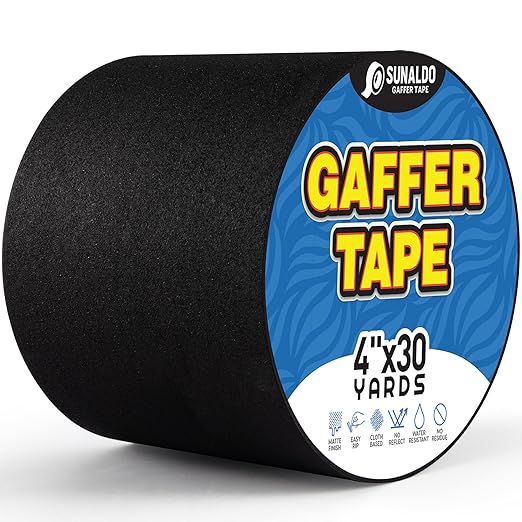 Gaffers Tape Heavy Duty, Easy to Rip, Residue-Free Professional Grade Floor Tape for Electrical Cords, Matte Finish Non Reflective, Weather Resistant (1, Black, 4" x 30 Yards)