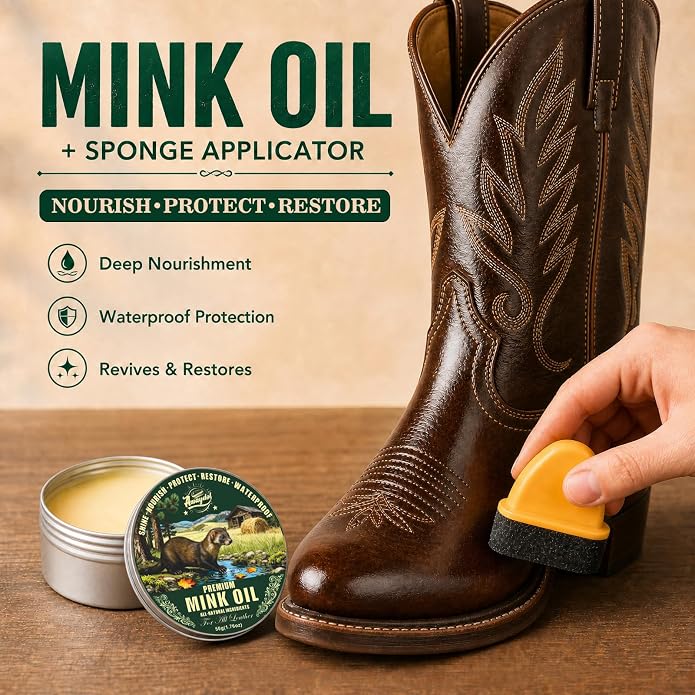 Leather Boot Care Kit,Mink Oil & Saddle Soap for Leather Cleaning,5-in-1 Leather Cleaner & Conditioner to Soften,Protect Leathercraft with Horsehair Brush & Cloth,Boot Cleaning Kit