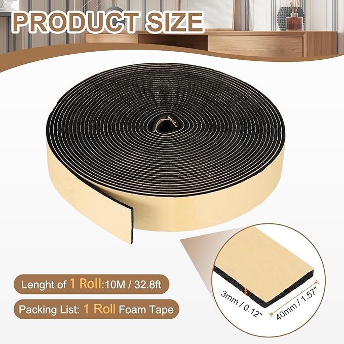 PATIKIL Foam Insulation Tape, 1-1/2" W x 1/8" t x 32.8FT Self Adhesive Weather Stripping Door Seal Strip for Door Window Air Conditioning, Black