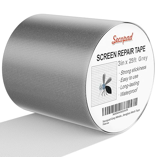 Secopad Grey Window Screen Repair Tape, 3IN X 25FT (300IN) Screen Repair Kit for Windows or Doors, Strong Adhesive Patch Kit Fiberglass Mesh Tape