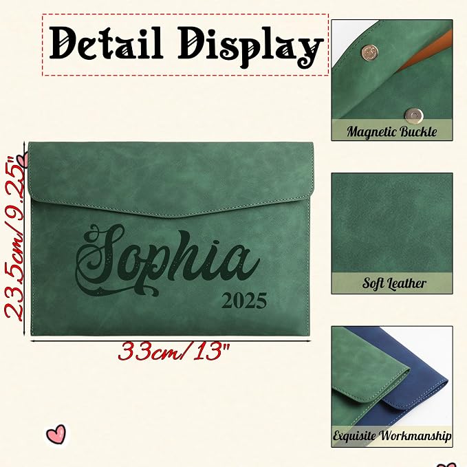 Customized A4 File Folder Expandable File Organizer,Personalized Name PU Leather Envelope Holder for Work、School、Home、Office (Green)