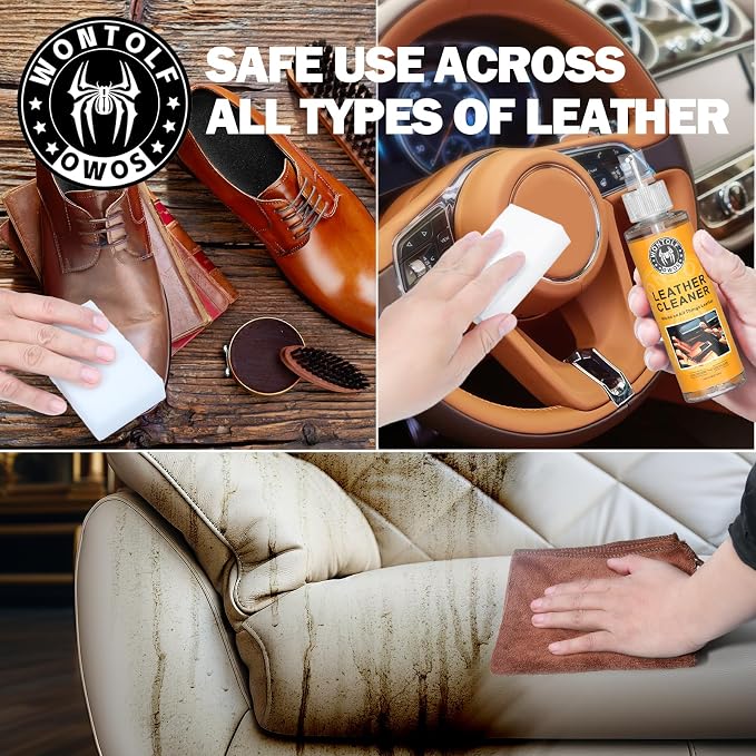 Wontolf Leather Cleaner and Conditioner Non-Toxic Gentle Total Interior Cleaner Car Wash Kit, Leather Boot Care Kit, Safe for Use on Car Interiors, Leather Apparel, Furniture, Sofa, Shoes, Bags
