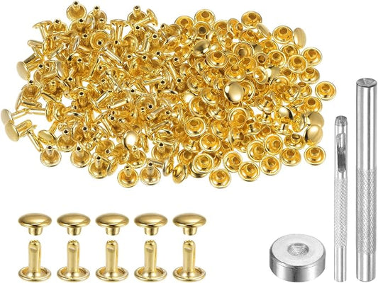 HARFINGTON 100 Sets Leather Rivets 8 x 7mm Metal Double Cap Rivet Snaps Studs Fasteners with 3pcs Setting Tools Rivets for Leather Craft DIY Repair Decoration, Gold Tone