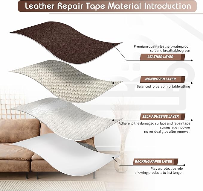 KING MOUNTAIN Leather Repair Patch,16 x 60 Inches self Adhesive Leather Repair Tape for Damaged Leather Furniture, Sofa Seating,Car Seats, Leather Goods（Coffee Brown）