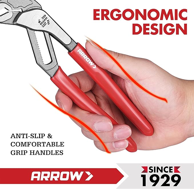 Arrow 2-Piece V-Jaw Groove Joint Pliers Set (8" & 10"), Quick Adjustable Water Pump Pliers with 18 Positions, CR-V Steel, for Plumbing, Automotive, Mechanical Repair and Household Use