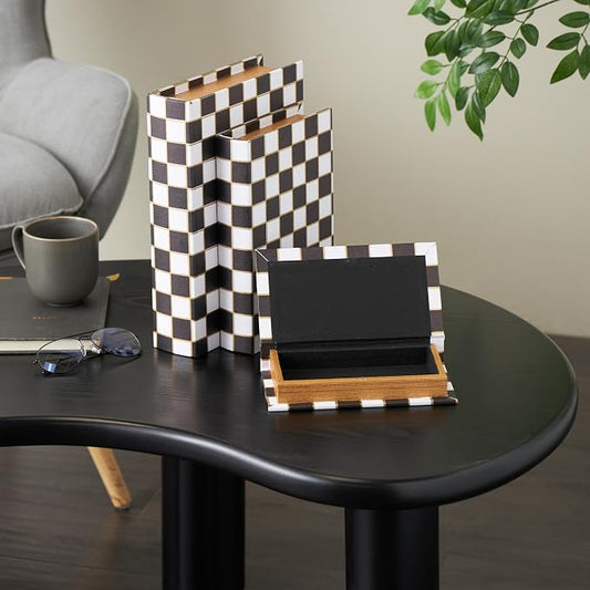 Deco 79 Faux Leather Decorative Box Faux Book Storage Book Shaped Boxes with Black and Gold Square Patterns, Set of 3 Decorative Keepsake Boxes 13", 11", 9"H, White