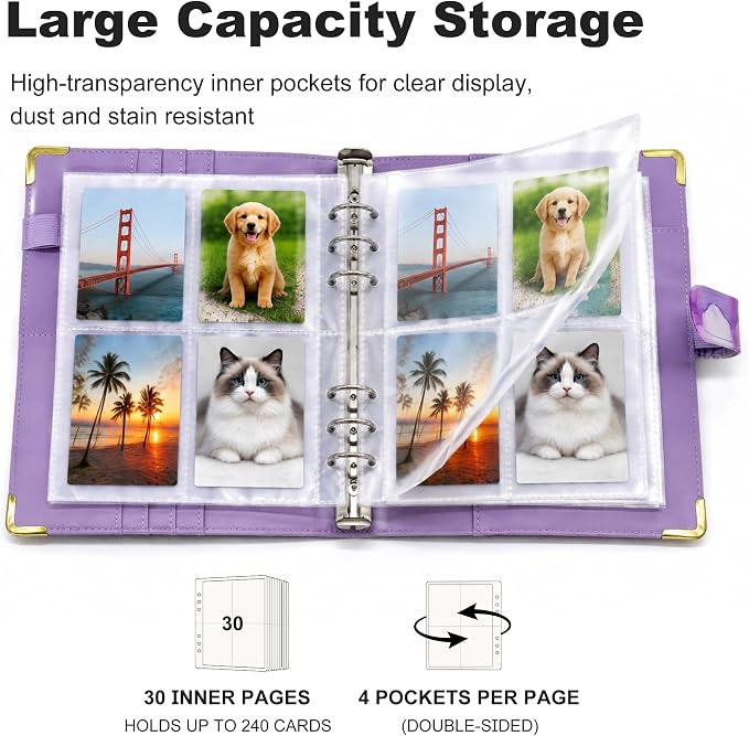 Convend A5 Kpop Photocard Binder,6 Ring Refillable Binder Album with 240 Card Slots,PU Leather Cover,Magnetic Closure for K-pop Photocards,Trading Cards,Game Cards,Marble Purple