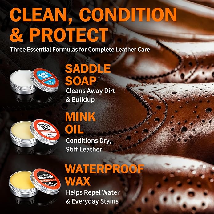 GleamGlee Leather Boot Care Kit, 10-Piece Cleaner & Conditioner Set | Full-Size Saddle Soap, Mink Oil & Waterproof Wax for a Richer Finish, Supple Feel & Everyday Protection