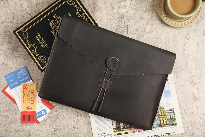 Genuine Leather Envelope Document Holder， Leather File Folder Organizer，Envelope Document Holder, Personalized Folio Laptop Sleeve Case for 14" Laptops