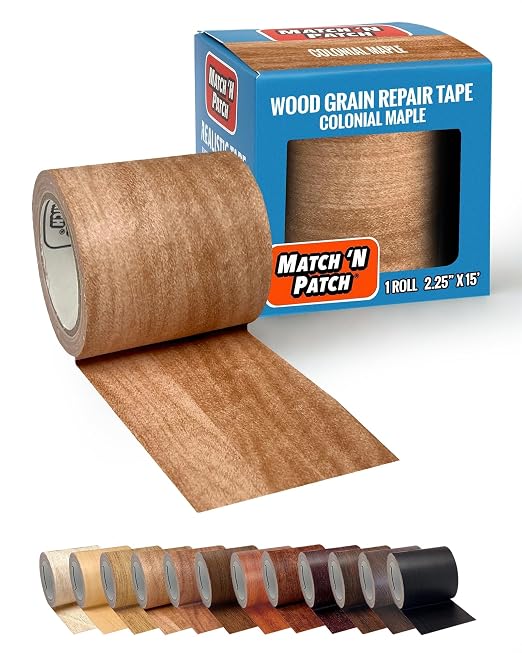 MATCH 'N PATCH Wood Grain Repair Tape - Colonial Maple, 2.25 in x 15 ft (1-Pack) – Wood Grain Colored Duct Tape for Mirror Frame, Trim, Borders, Floor and Other Furniture, Scratch Repair Kit