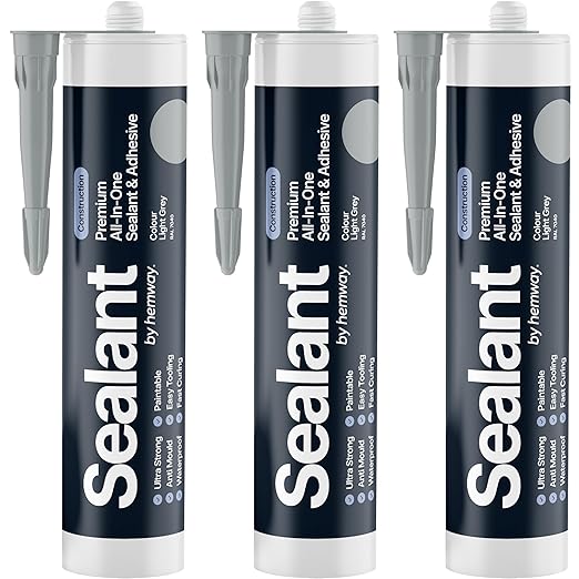 Light Gray Construction Sealant & Adhesive All-in-One Hybrid Polymer | Superior to Silicone Bathroom Caulk Sealant | Waterproof, Odorless, Paintable Caulk | Kitchen Bathroom Outdoor 300 ml 3 Pack