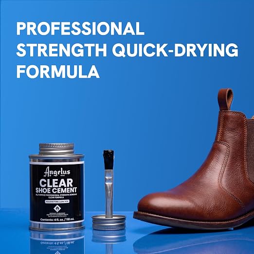 Angelus Clear Shoe Cement - 4 oz Professional-Strength Glue Quick Drying Contact Adhesive for Leather, Vinyl & Fabric - Dries Clear, No Stains, Waterproof Shoe & Sneaker Rubber Cement Glue with Brush