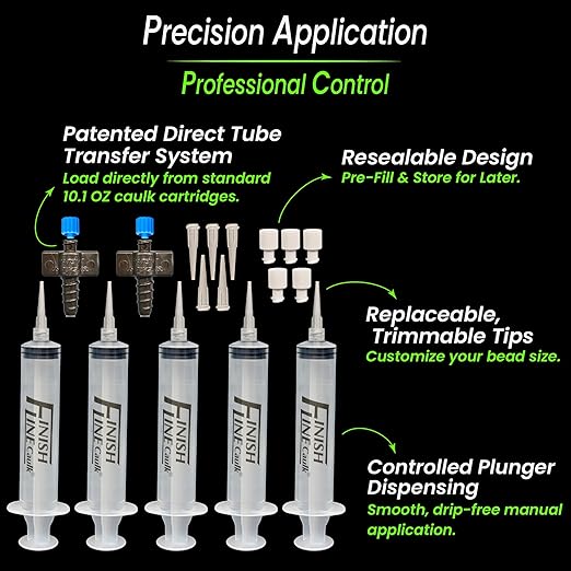 Precision Caulking Tool Pro Pack – Refillable Caulking Syringe Applicator Kit with Micro-Fine Replaceable Tips for Baseboards, Trim, Small Cracks & Detail Sealing