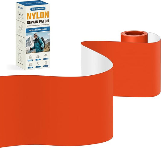 KING MOUNTAIN Self Adhesive Nylon Fabric Repair Tape, 4×63 Inches, Quick Down Jacket Repair Patch, Waterproof Outdoor Gear Patch Kit for Tent,Backpacks,Umbrella, Gloves, Sleeping Bag (Orange)