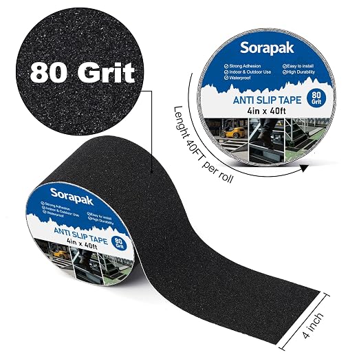 Heavy Duty 4in x 40ft Black Anti Slip Tape, 80 Grit Waterproof Non Skid Grip Tape Roll for Stairs, Ramps, Decks, Boat Decks, Floors, Warehouses & Outdoor Use