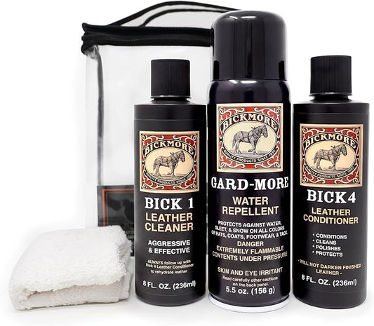 Leather Boot Care Kit - Bick 1 Cleaner, Bick 4 Conditioner, Gard-More Water Repellent Spray & Cloth - Made in USA - Shoe Care Set for Cowboy Boots, Work Boots, Furniture, Bags, Purses, Jackets, & Tack